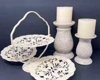 White 3 Tier Metal Folding Server & Pedestal Candlestick Holders