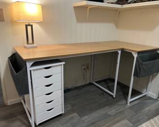 Modern L-Shaped Metal & Wood Desk w/ Lamp & Rolling Storage