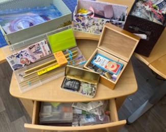 Side Table FULL of Sewing Notions - Case of Schmetz Sewing Needles