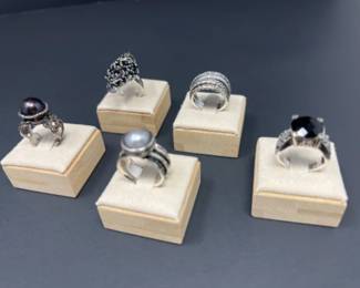 (5) Shades of Gray & Black Sterling Silver Rings - Sizes 7-8