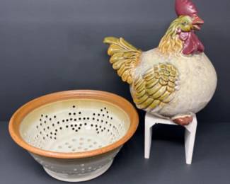 Rustic Art Pottery Colander & Ceramic Rooster Duo