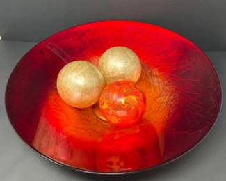 Oil Slick Red Gold Decorative Art Glass Bowl & Blown Glass Ball