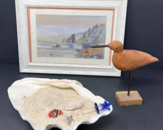 PNW Seashore Decor - Watercolor, Shell, Wood Bird +