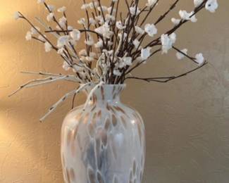 White Opalescent Blown Glass Vase w/ Lighted Faux Flowers