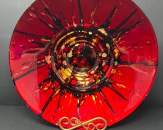 Vintage Abstract Red Gold Decorative Art Glass Bowl - 16"D