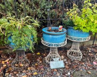 3 Teal Ceramic Pots on White Metal Stands