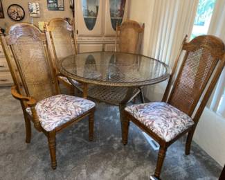 Round Plastic Wicker Patio Table & Vintage Cane Back Chairs