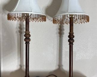 Tall Faux Bronze Table Lamps w/ Beaded Lamp Shades