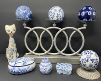 Blue & White Ceramic Decor - Trinket Dishes, Balls, + Candle Holders