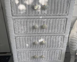 Vintage White Wicker 5 Drawer Petite Tallboy Dresser