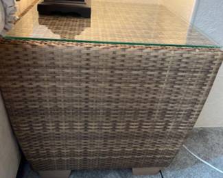 PAIR of Plastic Wicker Patio End Tables w/ Glass Tops
