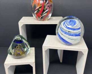 Art Glass Paperweight Trio - Signed Michael J. Reid