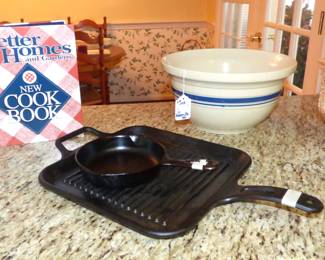 Cracker Barrel Cast Iron Grilling Pan, cast iron skillet, Roseville OH. mixing bowl,  Clinchfield (Cash Family) pitcher, etc