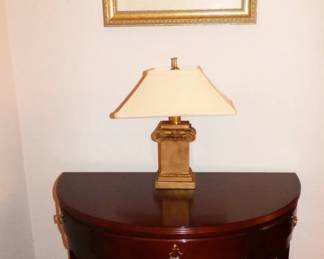 1 of a pair of : demilune tables, lamps & framed prints