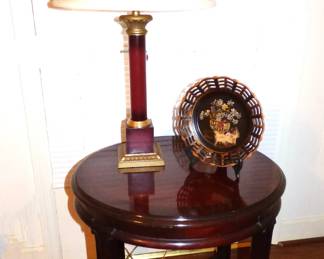 1 of a Pair of side tables, lamps & decorative plate