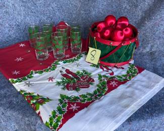 Vintage Table cloth, glasses, & ornaments