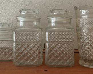 Anchor Hocking Canisters, Pitcher, & Large Stemmed Bowl    $249