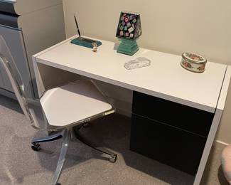 MCM desk - shown with chrome and acrylic chair