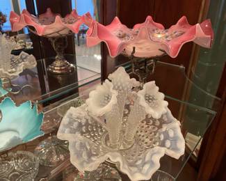 Fenton Opalescence glass centerpiece, and Victorian English pink with silverplated stand