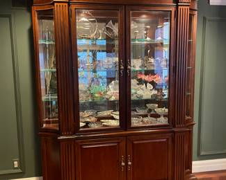 Mahogany china cabinet - lit with glass shelves and side opening on left and right glass areas too - by Stanley - in excellent condition
