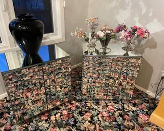 Mirrored nightstands - matched set of 2; black glass vase; Victorian vase centerpieces 