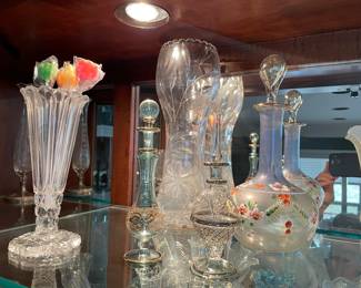 Vintage vases, perfume bottles, and decanters