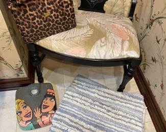 vanity bench, cosmetic cases, weight scale, bathmats and wool area rugs