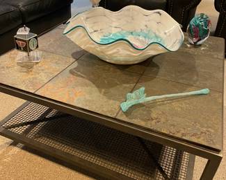 Slate and metal square cocktail table