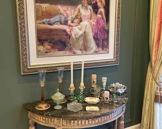 "A Time to Remember" by Pino - large scale Giclee on Canvas - 11/295 with a certificate of authenticity, demi consol table and french glassware