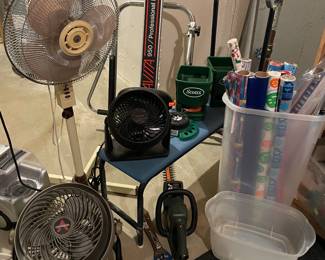 Fans, heaters, and exercise equipment:  weight bench and row machine
