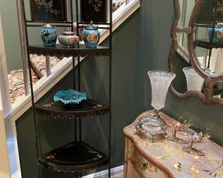 Vintage metal tiered corner shelf, french glassware, another view of the hand-painted cabinet and glassware