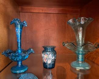 Blue Epegne, Fenton glassware, and  Victorian Blue 
