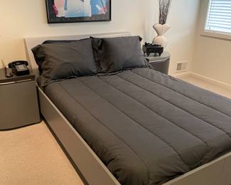 Mid-Modern Queen Platform bed and mattress and nightstands - set of 2