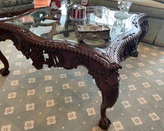 Claw-footed glass and wood square coffee table