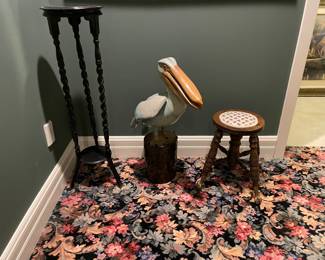 plant stand, pelican and small foot stool