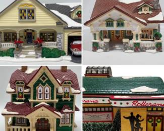 Four Original Snow Village The Brandon Bungalow, Craftsman Cottage, Rollerama Roller Rink Hartford House