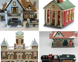FOur Original Snow Village Linden Hills Country Club Colonial Church Village Station and Train County Courthouse
