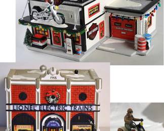 Harley Davison Motorcycle Shop wiht Biker Lionel Electric Train Shop the Original Snow Village