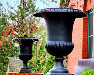 Pair Black Iron Urns with Japanese Maples $450 or bid #146