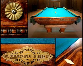1910 Antique Brunswick Pool Table of Quarter-Sawn Oak, wall-mount accessories rack included $4,995 or bid #35
