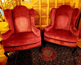 Pair Red Velvet Queen Nne Wing-Back Arm Chairs $525 or bid #56