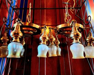 Pair Semi-Original 5-light chandlers (1 cracked shade) bid #178