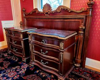 3-pc Rococo King Bed set, Night Stands have contoured glass tops. $595 or bid #74