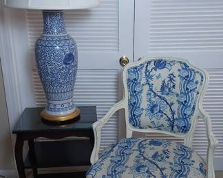 Loius XVI Style Upholstered Armchair, Side Table and Lamp