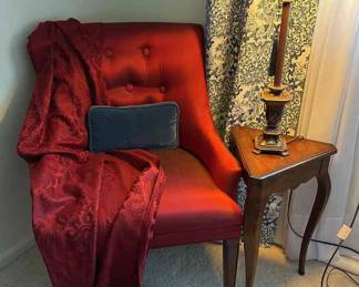 Upholstered Chair, Side Table, Lamp