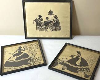 Unusual Antique Print Pair Scherenschnitte Scene