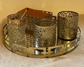Vintage BrassTrimmed Mirror Tray, Brass MMA Candle Holders, GoldFilled Cross Pencil 