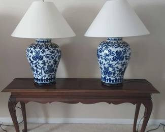 Queen Anne Style Console Table with Asian Inspired Table Lamps