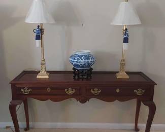 Queen Anne Style Cherry Buffet with Asian Inspired Lamps and Decor