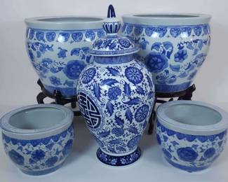 Blue And White Ceramic Jardinieres and Urn